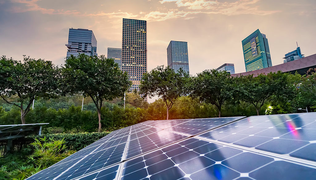 Solar panels laid out on the ground with trees and cityscape in the background